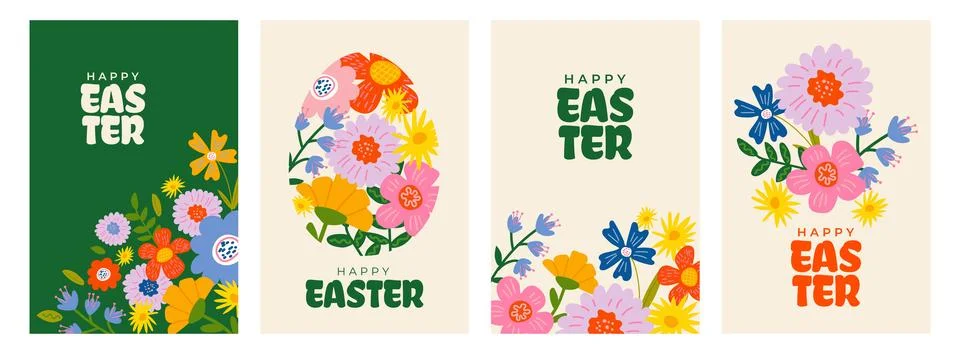 Cute Easter vertical banners set with colorful spring flowers in playful fo.. 스톡 일러스트