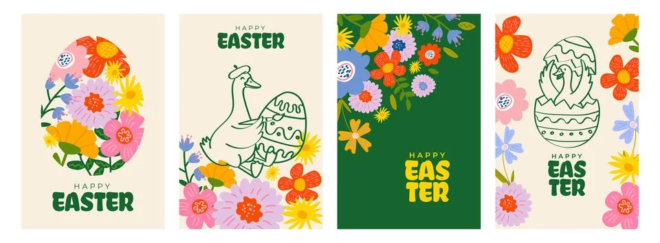 Cute Easter vertical banners set with goose and colorful spring flowers in .. 스톡 일러스트