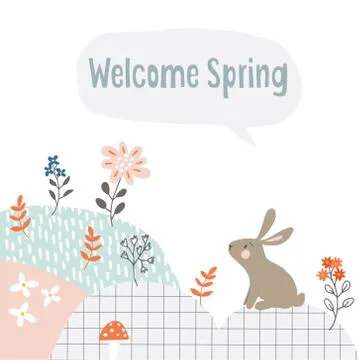 Cute Easter web banner with white rabbit, flowers and textured background Illustrazione stock