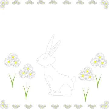 A cute Easter white rabbit with ears is sitting next to daisies. A place for イラスト素材