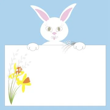 A cute Easter white rabbit with ears holds a white postcard with flowers and  Stock Illustration