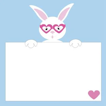 A cute Easter white rabbit in heart glasses with pink ears holds a white ca.. Stock Illustration