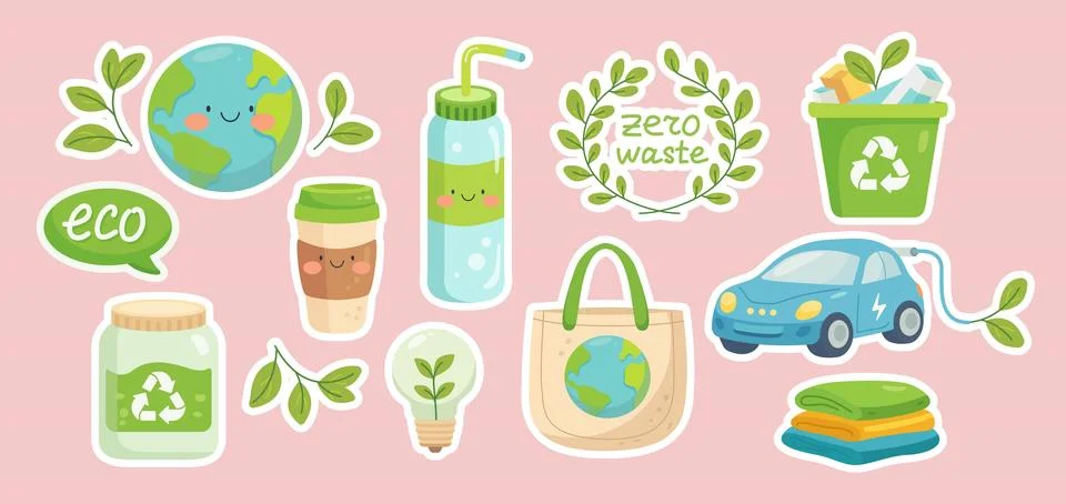 Cute eco friendly zero waste sticker pack vector set Stock Illustration