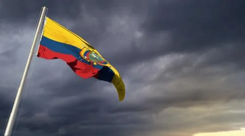 Cute Ecuador flag on massive dark clouds bg - abstract 3D rendering Stockillustratie
