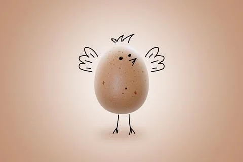 Cute Egg with Hand-Drawn Chick Face and Wings on Beige Background with Copy.. イラスト素材