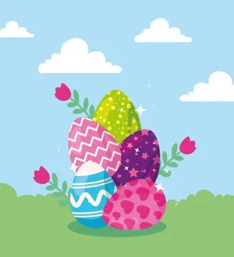 Cute eggs easter decorated in landscape Illustrazione stock