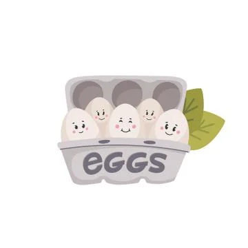 Cute eggs. White eggs with cute faces in carton box. Chicken egg friends Stock Illustration