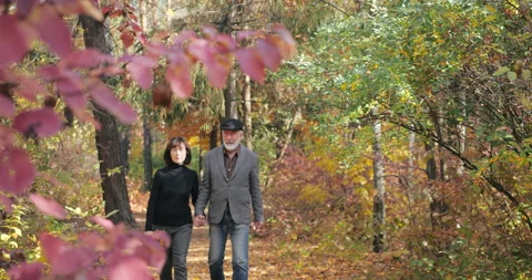Cute elderly couple with bearded husband and pretty wife with a bouquet of Stock Footage 133717028