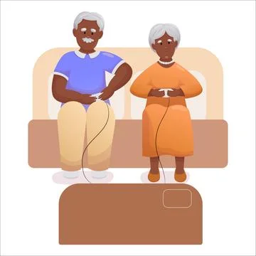 Cute elderly couple playing video games together. Happy seniors spending time Stock Illustration
