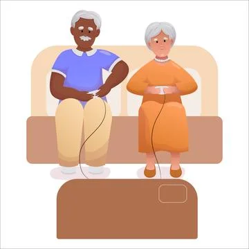 Cute elderly couple playing video games together. Happy seniors spending time Illustrazione stock