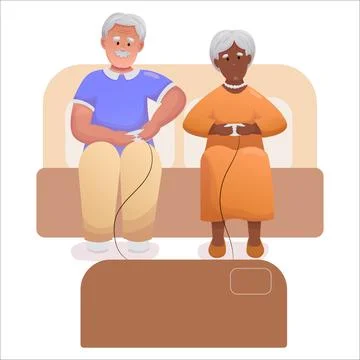 Cute elderly couple playing video games together. Happy seniors spending time Stock Illustration