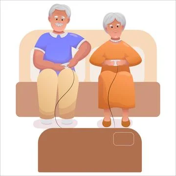 Cute elderly couple playing video games together. Happy seniors spending time Stock Illustration
