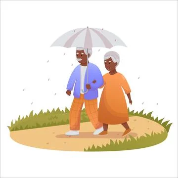 Cute elderly couple walking in the rain together. Happy seniors spending time Stock Illustration