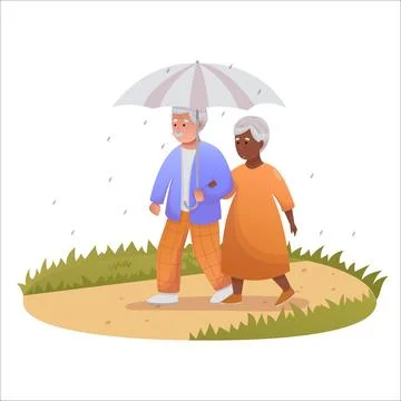 Cute elderly couple walking in the rain together. Happy seniors spending time Stock Illustration