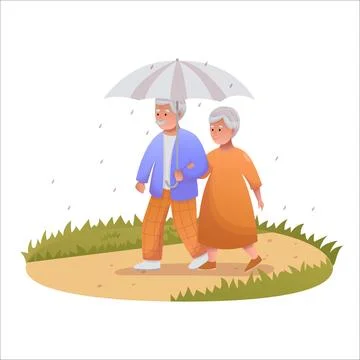 Cute elderly couple walking in the rain together. Happy seniors spending time Illustrazione stock