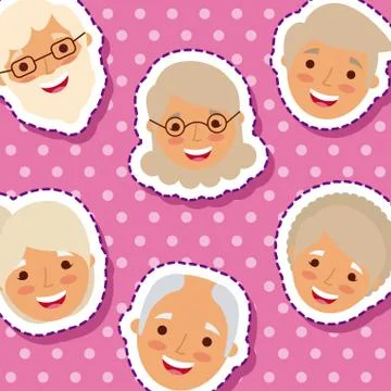 Cute elderly faces man and woman smiling patches design Ilustración de archivo