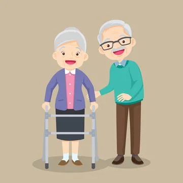 Cute elderly man taking care elderly woman physical therapy Stock Illustration