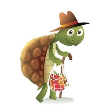 Cute Elderly Tortoise or Turtle Walking with Cane Stock Illustration