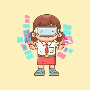 Cute elementary school girl interact virtual reality glasses vr kawaii chibi Stock Illustration