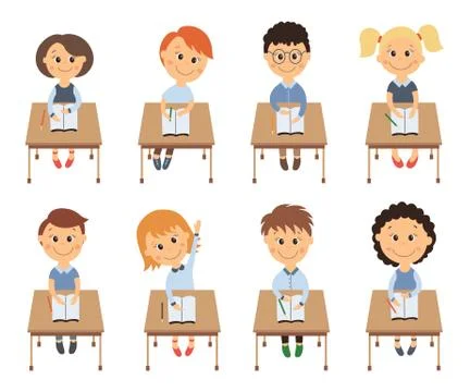 Cute elementary school kids in classroom set Stock Illustration