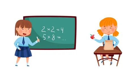 Cute elementary school students in uniform. Girls studying math at lesson Stock Illustration