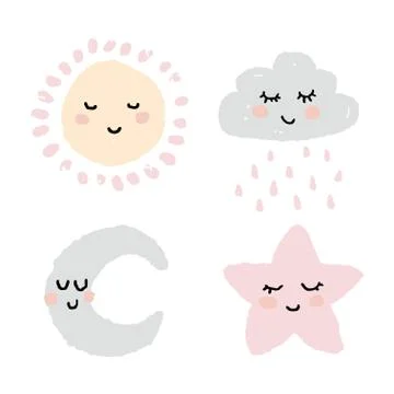 Cute elements for baby design, sun, cloud, star, crescent. Kawaii portraits in a Illustrazione stock