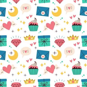 Cute elements seamless pattern on white background. Vector for birthday Illustrazione stock