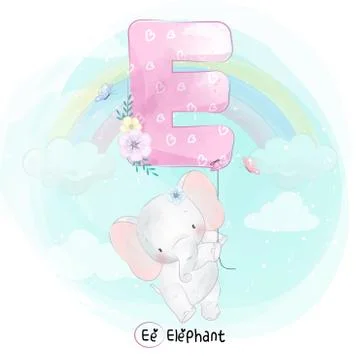 Cute elephant with alphabet E balloon illustration Stock Illustration