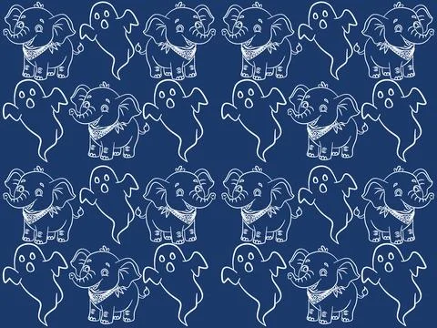 Cute Elephant and Ghost Cartoon Line Art Fabric Pattern Stock Illustration
