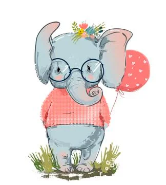 Cute elephant with balloon Stock Illustration