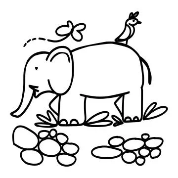 A cute elephant with a bird on its back, walking through a field with flowe.. Stock Illustration