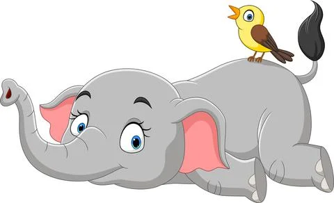 Cute elephant cartoon lying down with bird Stock Illustration