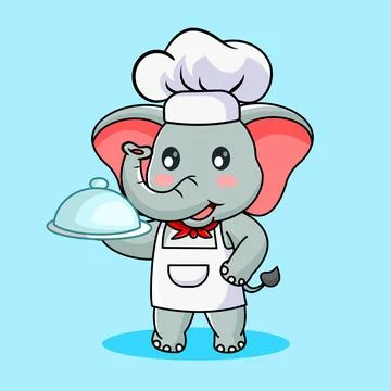 Cute Elephant Chef Serving Dish with Cloche Stock Illustration