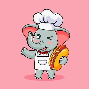 Cute Elephant Chef Winking with a Hot Dog Stock Illustration