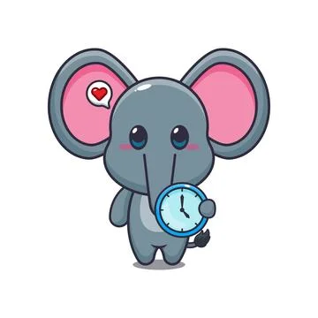 Cute elephant with clock cartoon vector illustration Stock Illustration