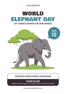 Cute Elephant Day in Hand Drawn Flat Design for Social Media Flyer Template Stock Illustration