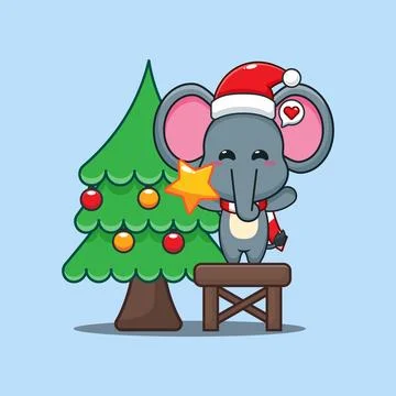 Cute elephant decorating the Christmas tree on Christmas day Stock Illustration