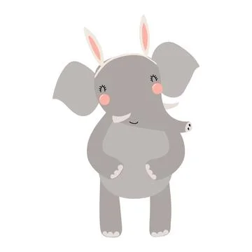 Cute elephant with Easter bunny ears character illustration Stock Illustration