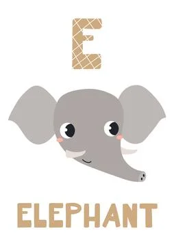 Cute elephant face, letter E, text, illustration isolated Stock Illustration