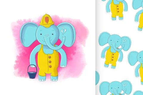 Cute elephant firefighter and seamless pattern. Baby elephant in a fireman Stock Illustration