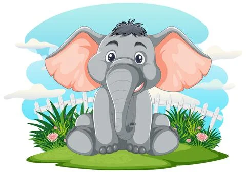 Cute Elephant in a Garden Setting Stock Illustration