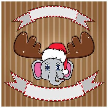 Cute Elephant Head With Christmas Hat. Blank label and banner. Character, M.. Stock Illustration