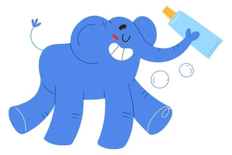 Cute elephant holding toothpaste in trunk, funny smiley cartoon character, oral Stock Illustration