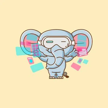 Cute elephant interact virtual reality glasses vr kawaii chibi character Stock Illustration