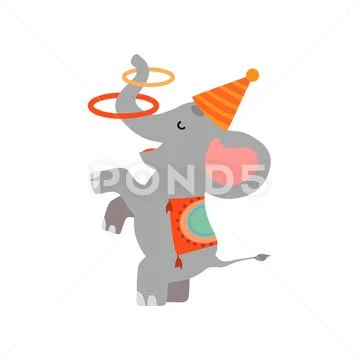 Cute Elephant Juggling with Hoops, Funny Animal Performing in Circus Show Vector Stock Illustration