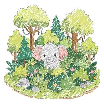 Cute elephant in a lush forest Stock Illustration