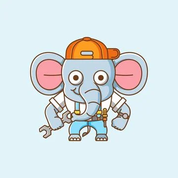 Cute elephant mechanic with tool at workshop cartoon animal character mascot Illustrazione stock