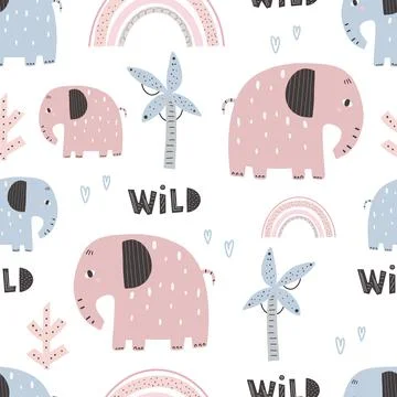 Cute elephant pattern - hand drawn childish seamless pattern design. Vector i Illustrazione stock