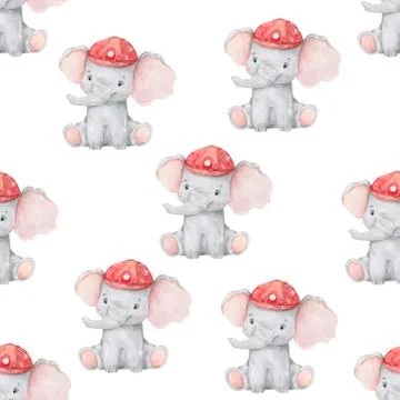 Cute elephant pattern. Seamless background with pink elephant cartoon character Stock Illustration
