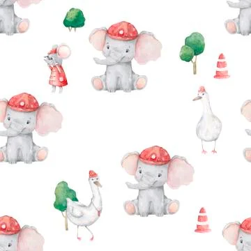 Cute elephant pattern. Seamless background with pink elephant cartoon character Stock Illustration